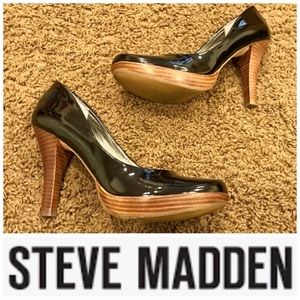 Steve Madden black patent leather wood grain high heel shoes